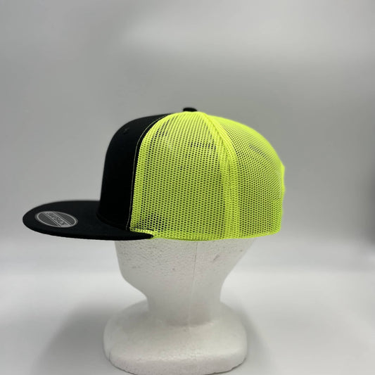 Plain Flat 6P Mesh Trucker Black and Neon Yellow Mesh 12-pck CF6M1867 Cap Hat