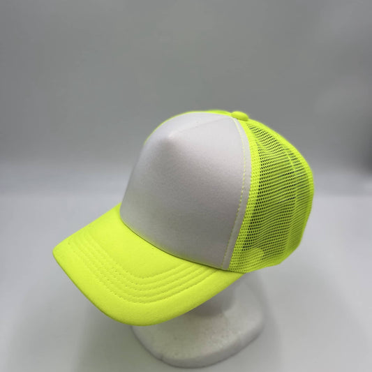 Plain TwoTone Sponge Trucker White Face, Neon Yellow Lid, and Neon Yellow Mesh 12-pck STMTT08 Cap Hat