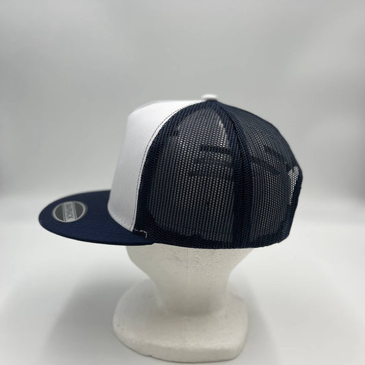 Plain Flat 5P Two Tone Mesh Trucker White Face Navy Blue Lid and Navy Blue Mesh 12-pckCF5MTT3 Cap Hat