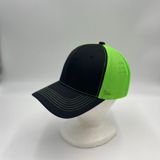 Plain Flat 6P Mesh Trucker Black and Neon Green Mesh 12-pck CF6M1827 Cap Hat