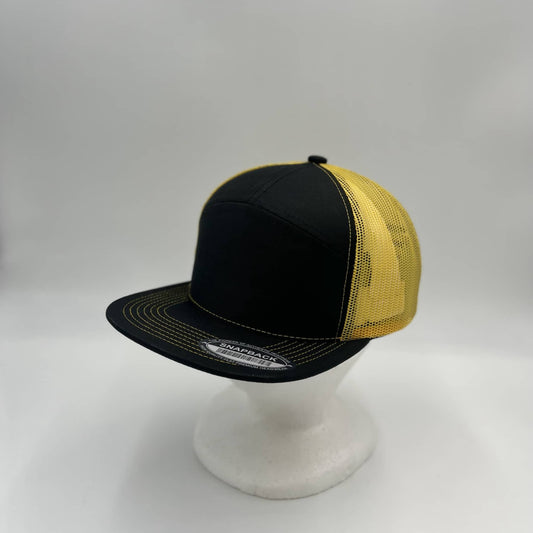 Plain 7 Panel Trucker Black and Yellow Mesh 12 pack NS7TM03 Cap Hat