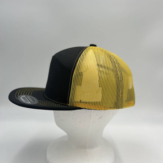 Plain 7 Panel Trucker Black and Yellow Mesh 12 pack NS7TM03 Cap Hat