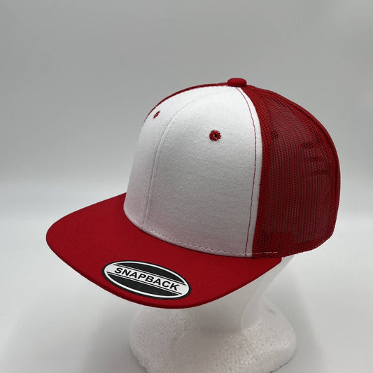 Plain Flat 6P Mesh Trucker White with Red Lip and Red Mesh Mesh 12 pack CF6M1810 Cap Hat