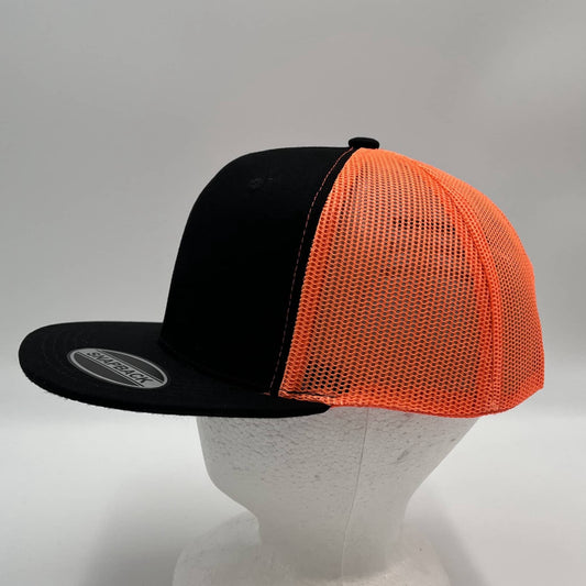 Plain Flat 6P Mesh Trucker Black and Orange Mesh (Black Thread) 12 pack CF6M1823 Cap Hat