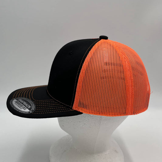 Plain Flat 6P Mesh Trucker Black and Orange Mesh (Orange Thread) 12 pack CF6M1824 Cap Hat