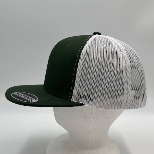 Plain Flat 6P Mesh Trucker Forest Green and White Mesh 12 pack CF6M1873 Cap Hat