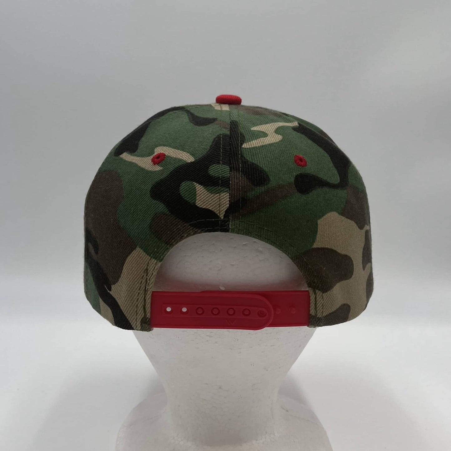 Plain Poly Snapback Green Camo and Red Eyelets/Bill 12 pack PFS0520 Cap Hat