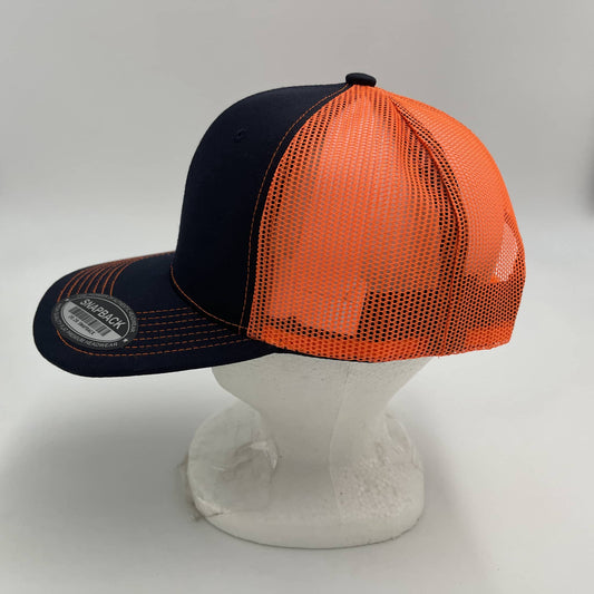 Plain Flat 6P Mesh Trucker Navy Blue and Orange Mesh 12 pack CF6M1814 Cap Hat