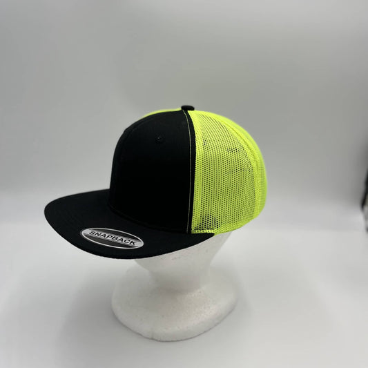 Plain Flat 6P Mesh Trucker Black and Neon Yellow Mesh 12-pck CF6M1867 Cap Hat