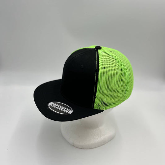 Plain Flat 6P Mesh Trucker Black and Neon Green Mesh 12-pck CF6M1857 Cap Hat