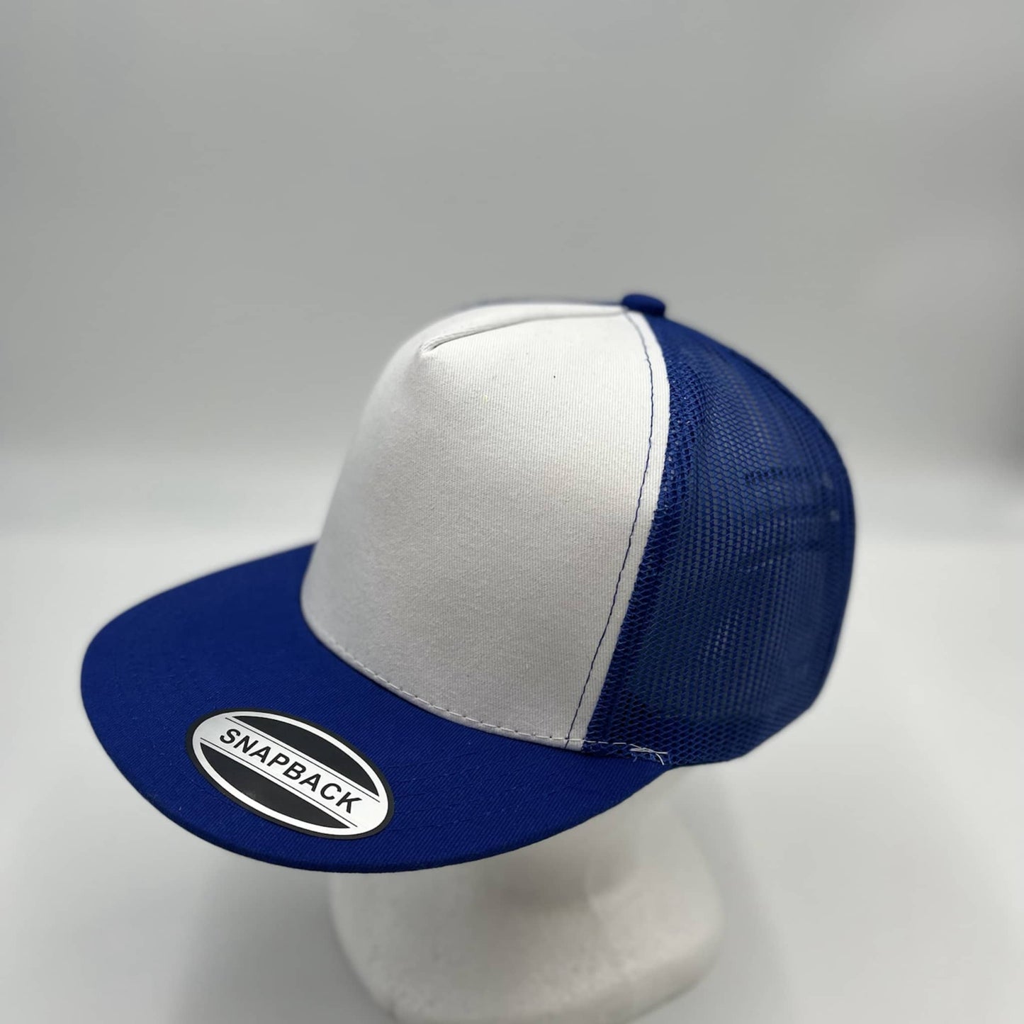 Alpha Omega Cap Plain Flat 5P Two Tone Mesh Trucker White Face Blue Lid and Blue Mesh 12-pck CF5MTT4 Cap Hat