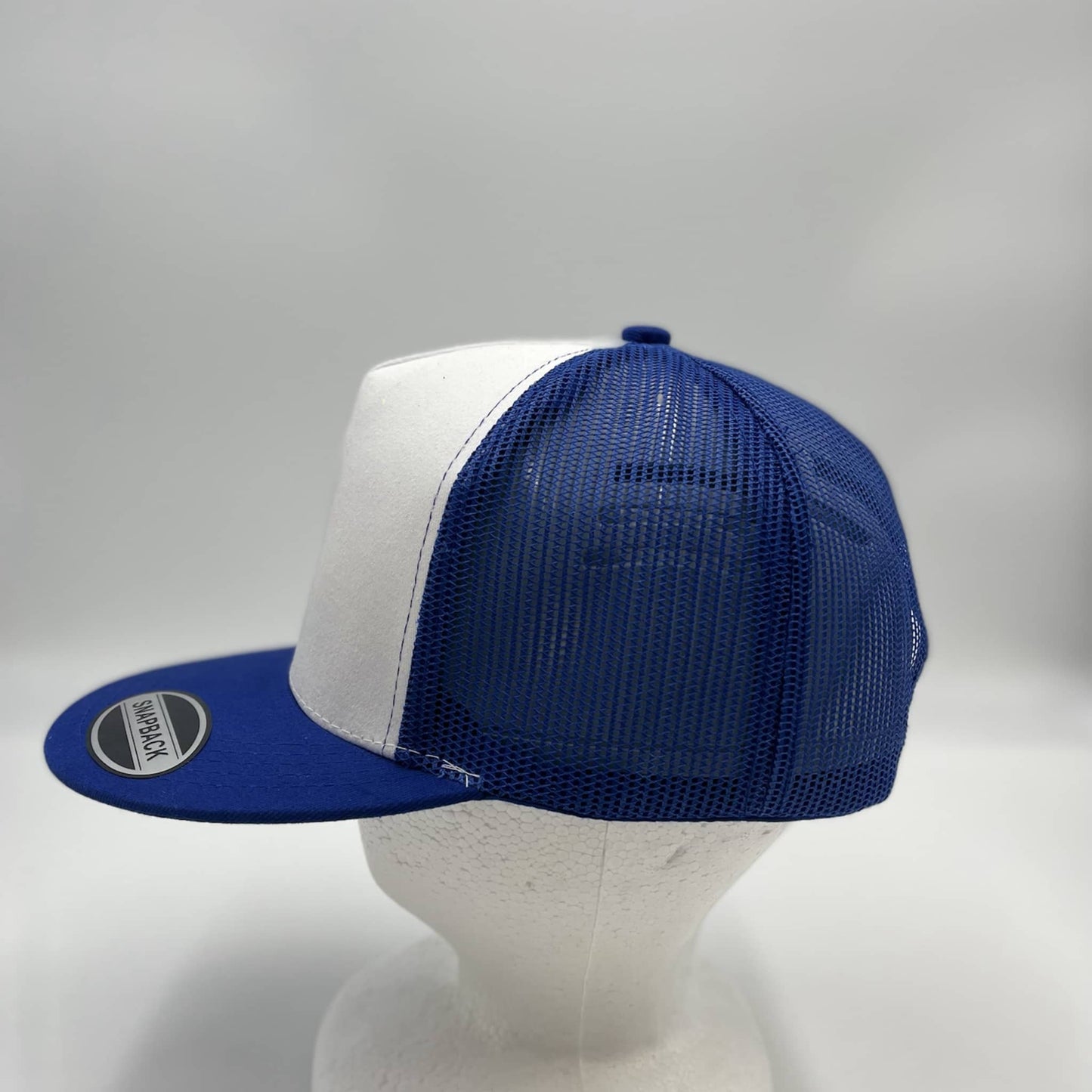 Alpha Omega Cap Plain Flat 5P Two Tone Mesh Trucker White Face Blue Lid and Blue Mesh 12-pck CF5MTT4 Cap Hat