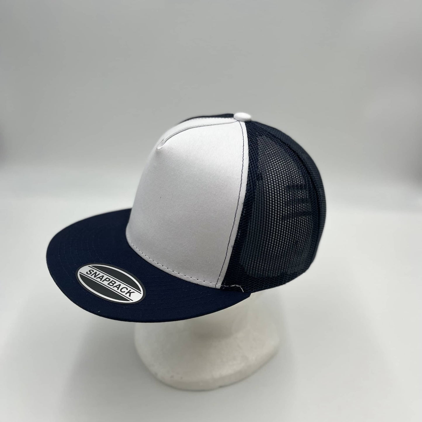 Plain Flat 5P Two Tone Mesh Trucker White Face Navy Blue Lid and Navy Blue Mesh 12-pckCF5MTT3 Cap Hat