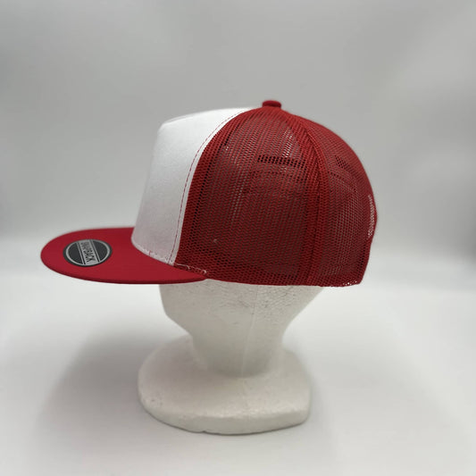 Plain Flat 5P Two Tone Mesh Trucker White Face Red Lid and Red Mesh 12-pck CF5MTT1 Cap Hat