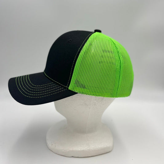 Plain Flat 6P Mesh Trucker Black and Neon Green Mesh 12-pck CF6M1827 Cap Hat