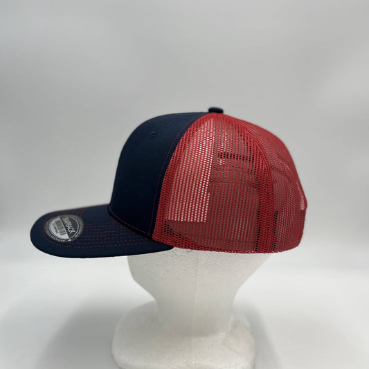 Alpha Omega Cap Plain Flat 6P Mesh Trucker Navy Blue and Red Mesh 12 pack CF6M1852 Cap Hat