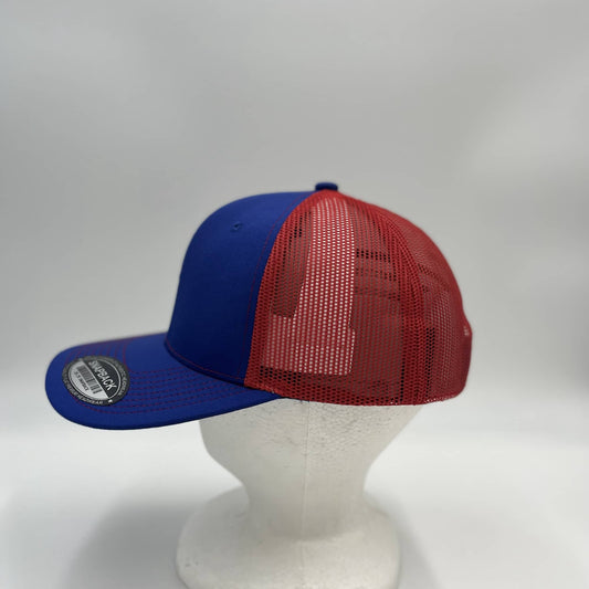 Alpha Omega Cap Plain Flat 6P Mesh Trucker Blue and Red Mesh 12 pack CF6M1847 Cap Hat