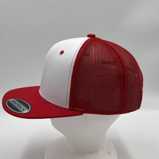 Plain Flat 6P Mesh Trucker White with Red Lip and Red Mesh Mesh 12 pack CF6M1810 Cap Hat