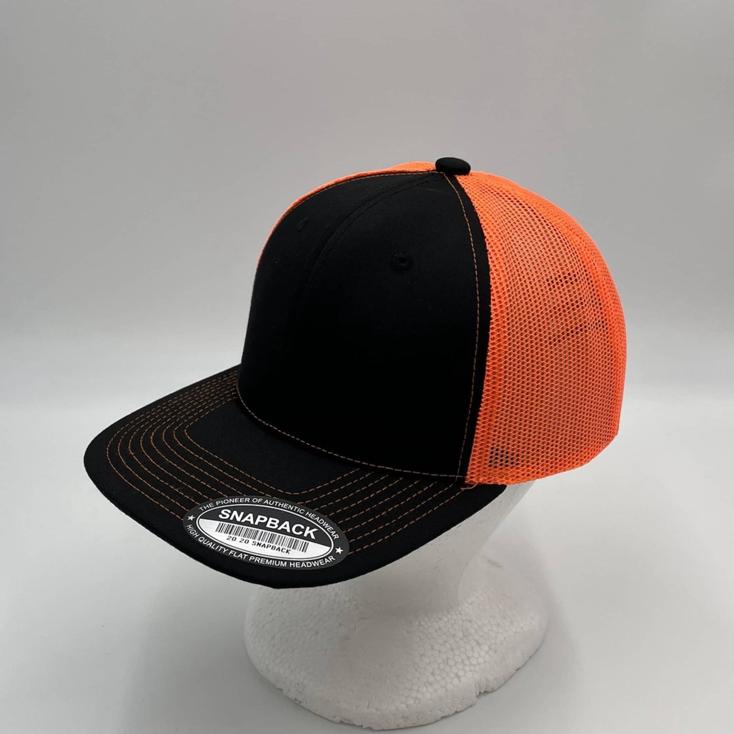 Plain Flat 6P Mesh Trucker Black and Orange Mesh (Orange Thread) 12 pack CF6M1824 Cap Hat