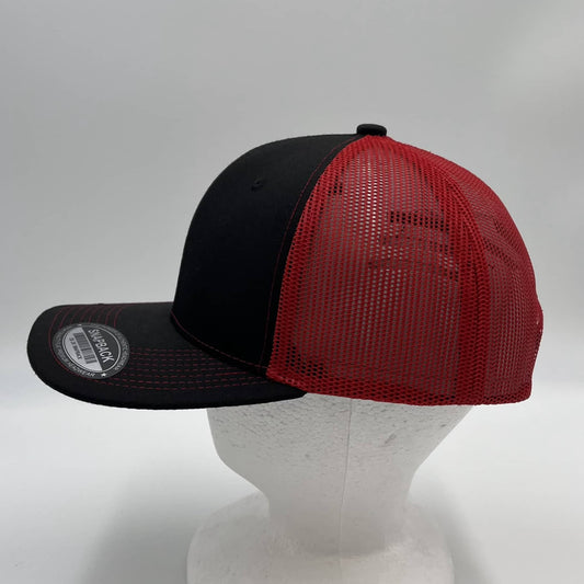 Plain Flat 6P Mesh Trucker Black and Red Mesh 12 pack CF6M1829 Cap Hat