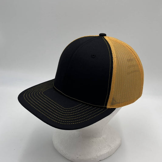 Plain Flat 6P Mesh Trucker Black and Gold Mesh 12 pack CF6M1826 Cap Hat