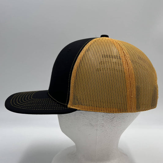 Plain Flat 6P Mesh Trucker Black and Gold Mesh 12 pack CF6M1826 Cap Hat