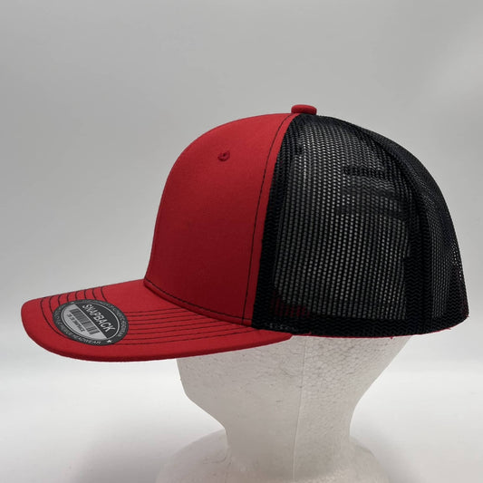 Plain Flat 6P Mesh Trucker Red and Black Mesh 12 pack CF6M1819 Cap Hat