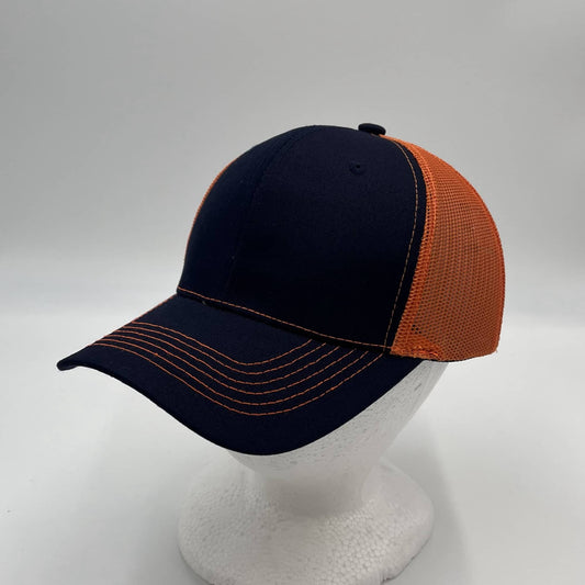 Plain Curve 6 Panel Trucker Navy Blue and Orange Mesh 12 pack CTM1113 Cap Hat