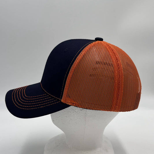 Alpha Omega Cap Plain Curve 6 Panel Trucker Navy Blue and Orange Mesh 12 pack CTM1113 Cap Hat