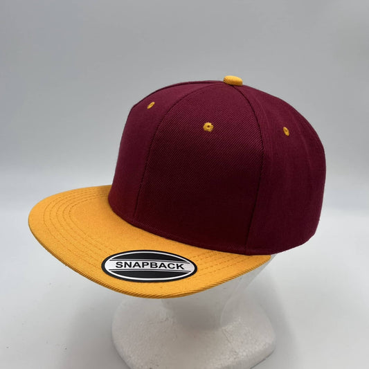 Alpha Omega Cap Plain Poly Snapback Burgandy and Yellow Lid 12 pack PFS02T03 Cap Hat