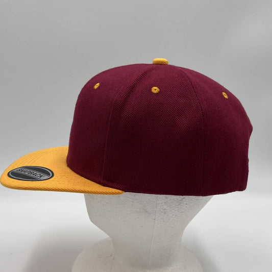 Alpha Omega Cap Plain Poly Snapback Burgandy and Yellow Lid 12 pack PFS02T03 Cap Hat