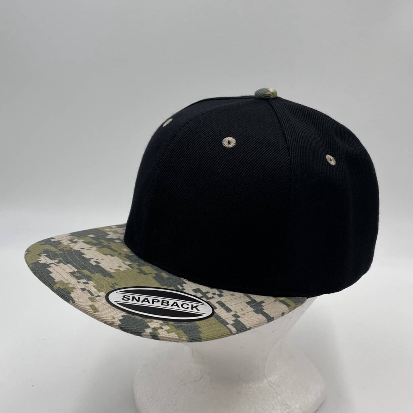 Plain Poly Snapback Black and Digital Green Camo Eyelets/Bill PFS02TC2 Cap Hat
