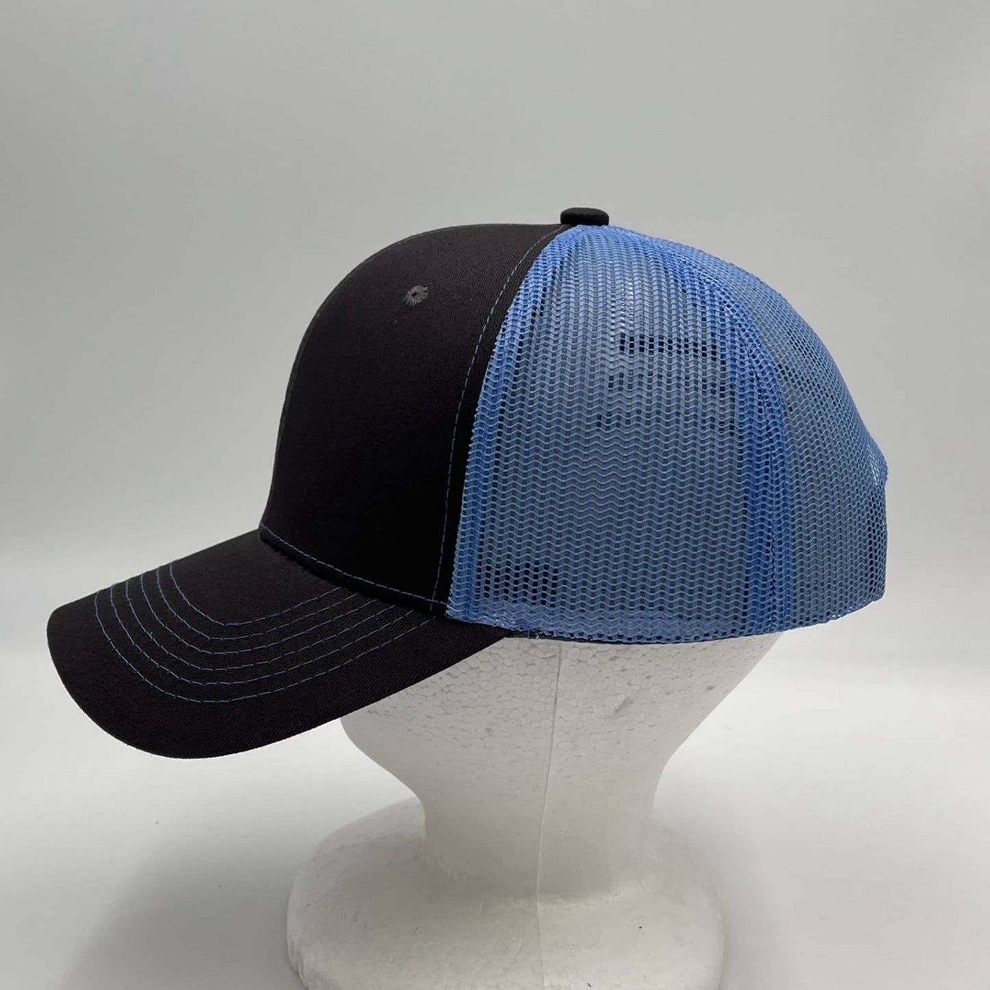 Alpha Omega Cap Plain Curve 6 Panel Trucker Dark Gray and Baby Blue Mesh 12 pack CTM1114 Cap Hat