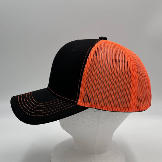 Alpha Omega Cap Plain Curve 6 Panel Trucker Black and Orange Mesh 12 pack CTM1112 Cap Hat