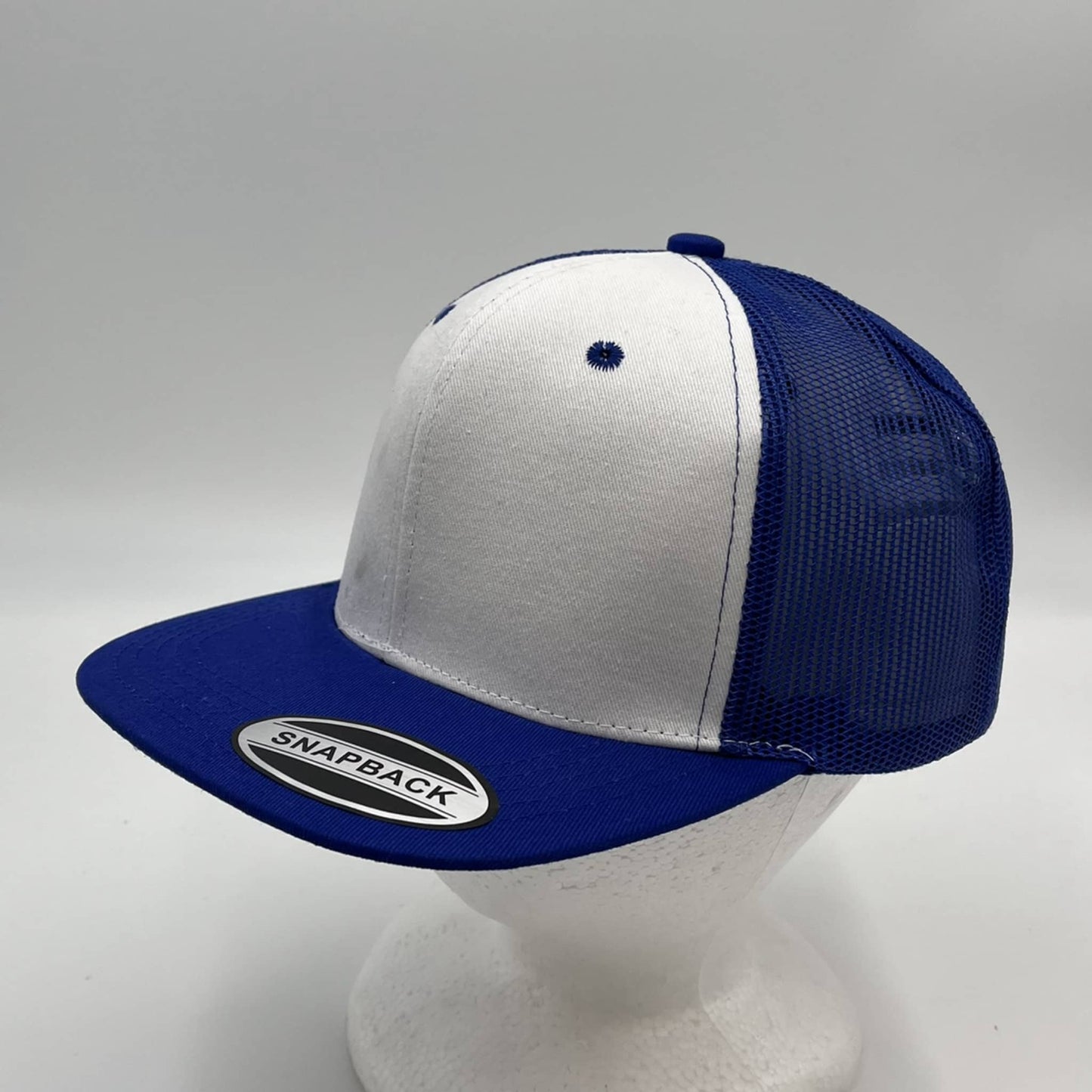 Plain Flat 6P Mesh Trucker White Face and Blue Lid and Blue Mesh 12 pack CF6M2T3 Cap Hat