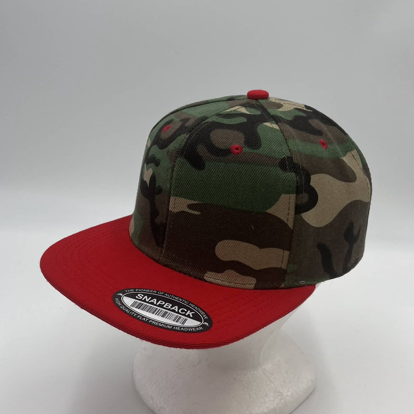 Plain Poly Snapback Green Camo and Red Eyelets/Bill 12 pack PFS0520 Cap Hat