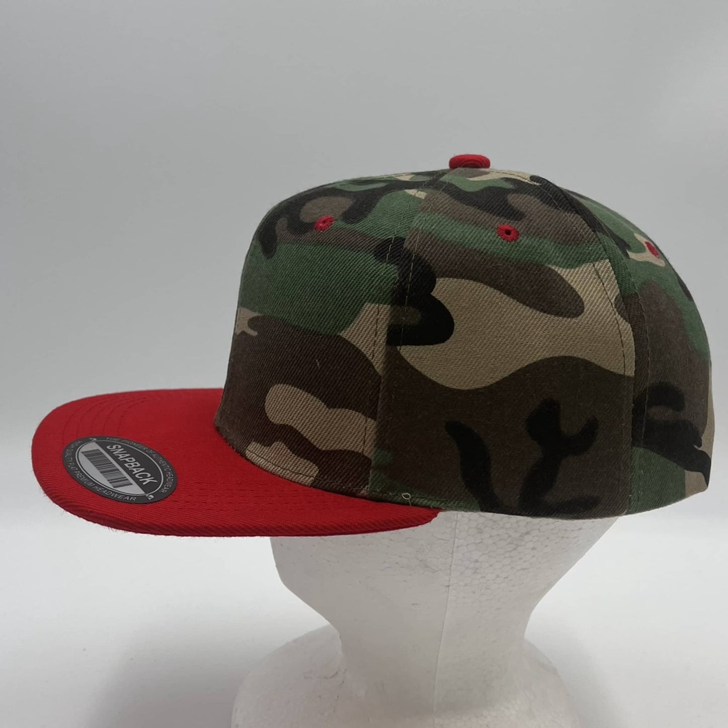 Plain Poly Snapback Green Camo and Red Eyelets/Bill 12 pack PFS0520 Cap Hat