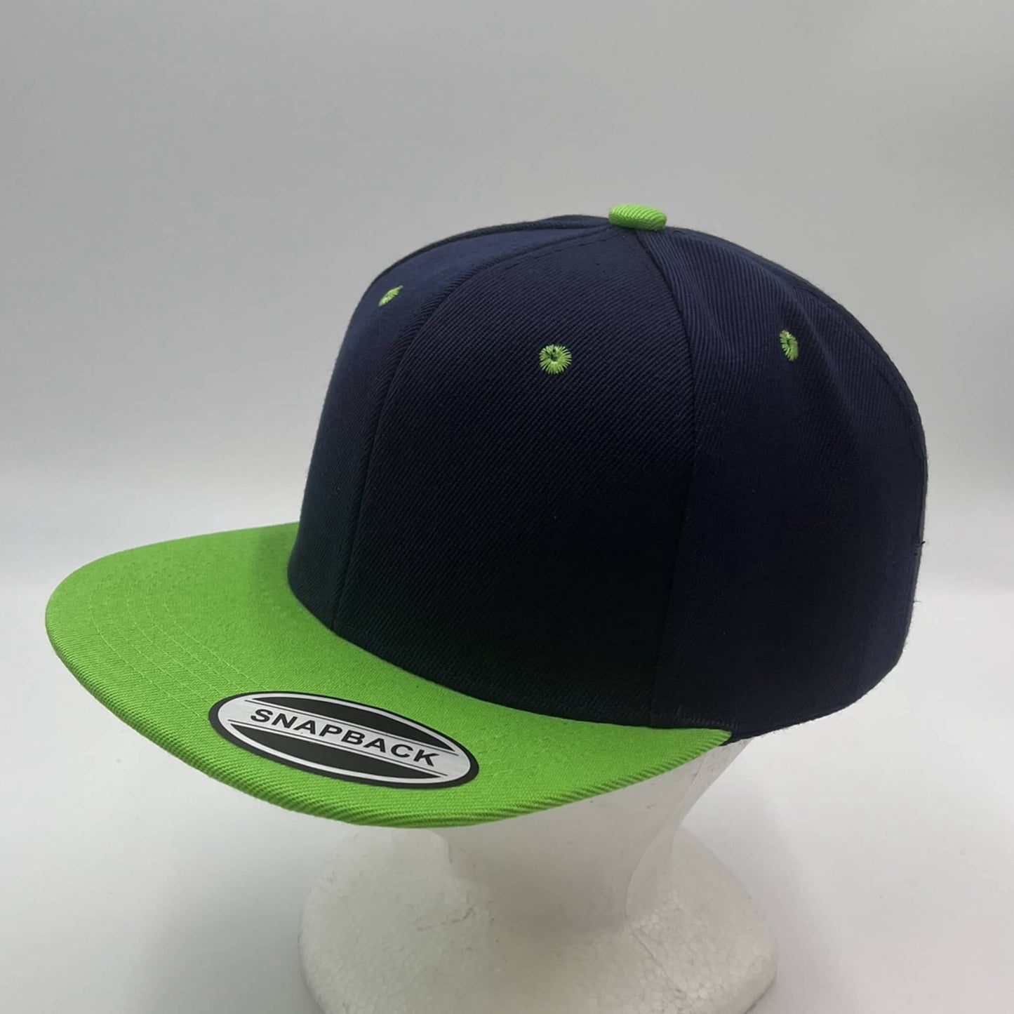 Alpha Omega Cap Plain Poly Snapback Navy Blue and Neon Green Lid 12 pack PFS02T13 Cap Hat