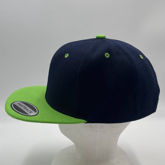 Alpha Omega Cap Plain Poly Snapback Navy Blue and Neon Green Lid 12 pack PFS02T13 Cap Hat