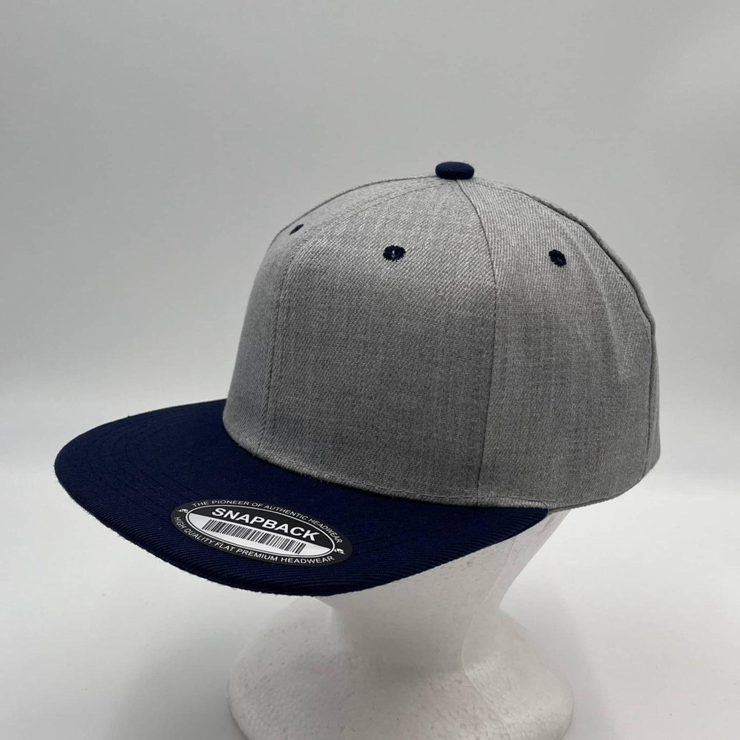 Alpha Omega Cap Plain Poly Snapback Light Textured Gray and Navy Blue Eyelets/Bill 12 pack PFS0562 Cap Hat