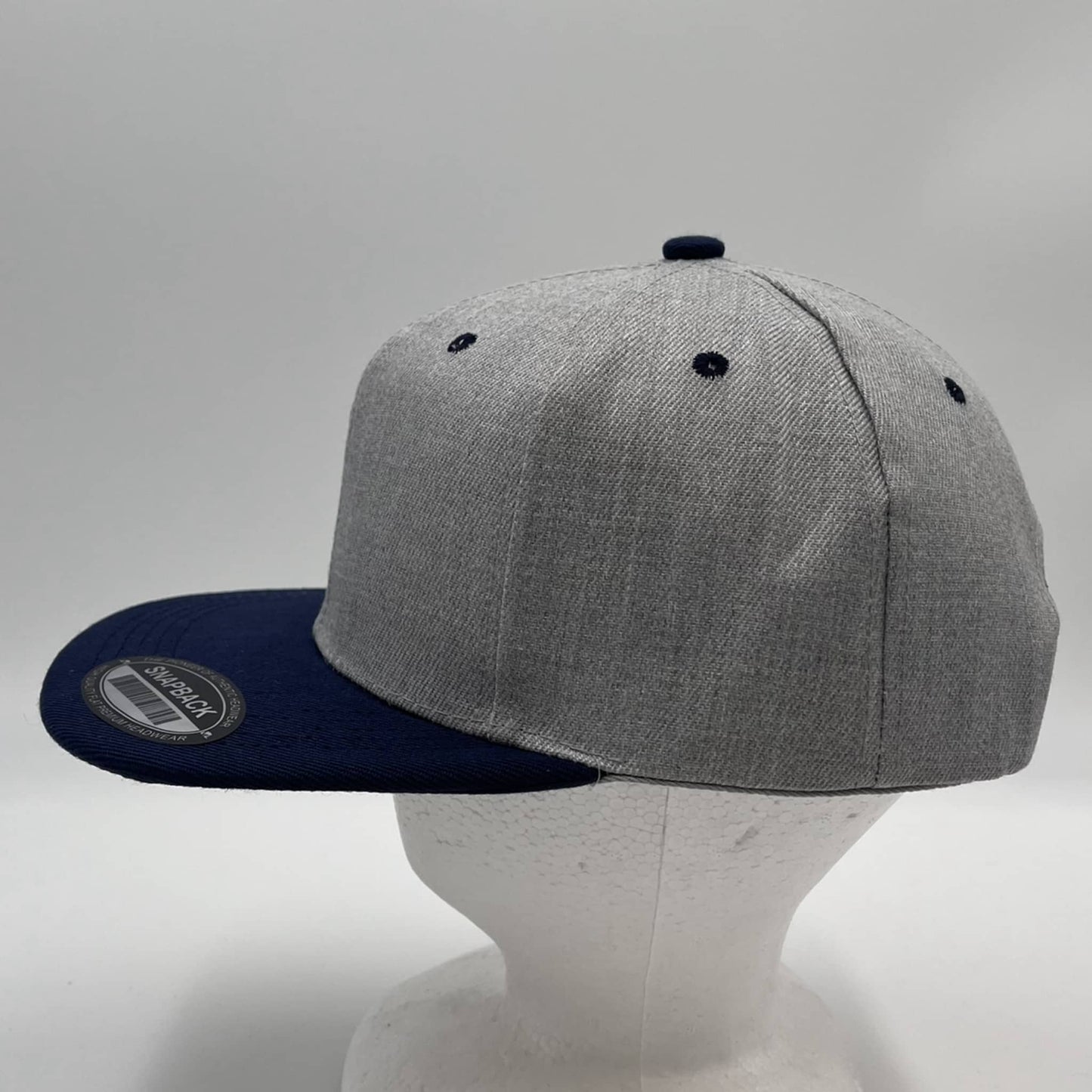 Alpha Omega Cap Plain Poly Snapback Light Textured Gray and Navy Blue Eyelets/Bill 12 pack PFS0562 Cap Hat