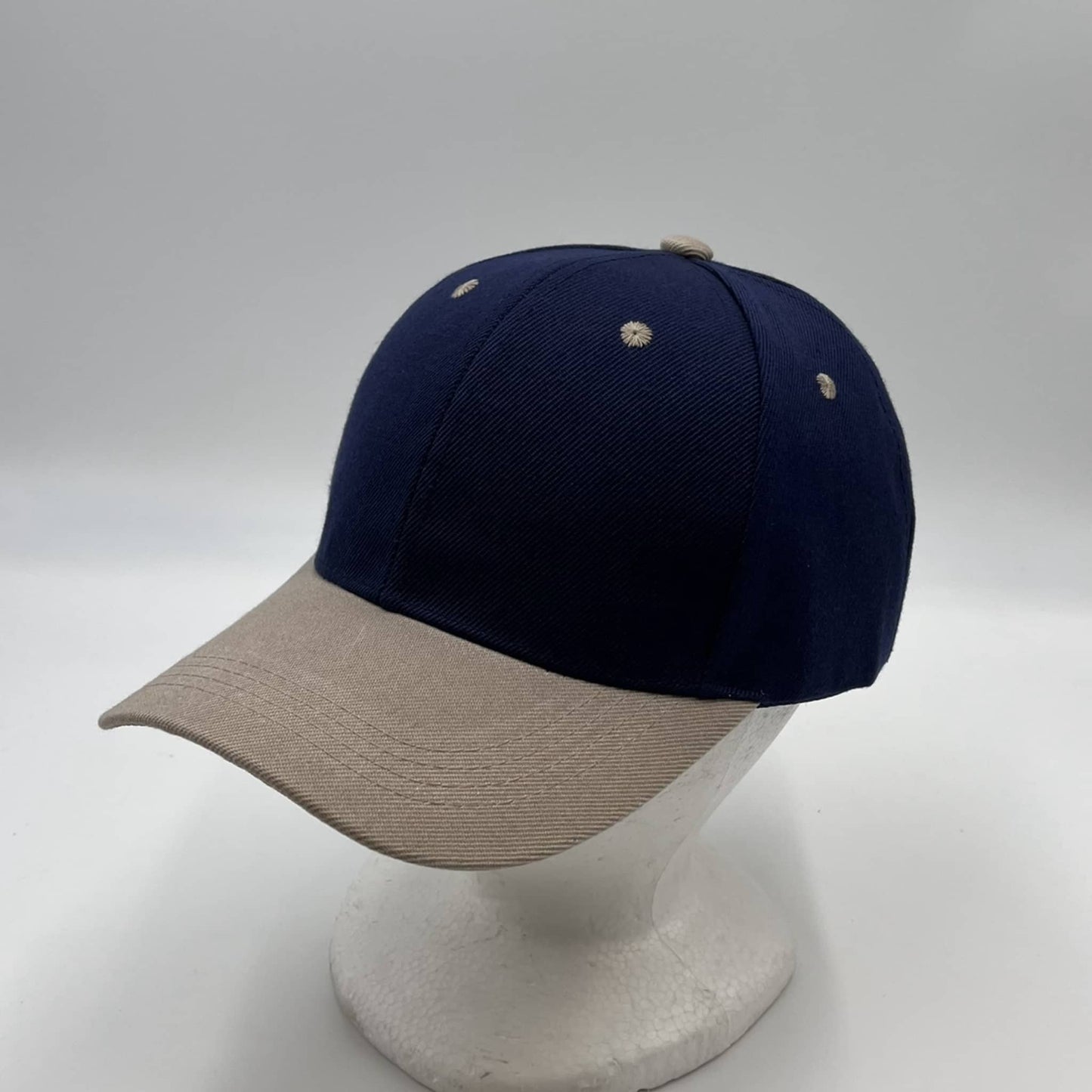 Alpha Omega Cap Plain Two Tone Velcro Navy Blue and Tan Eyelets/Bill 12 pack PCV0225 Cap Hat