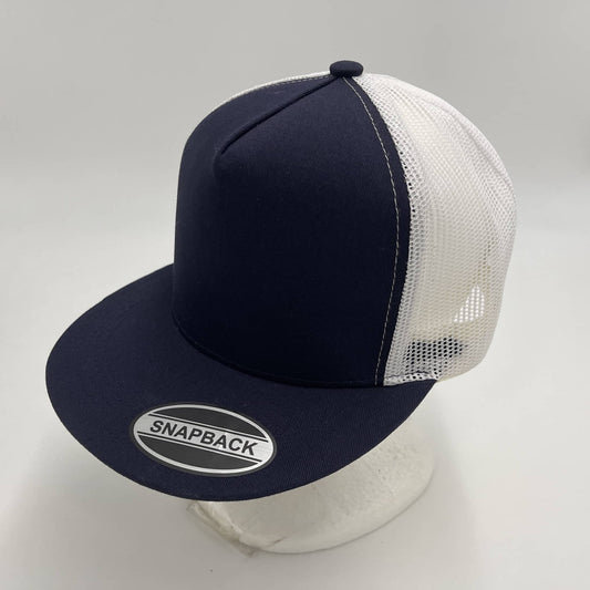 Plain Flat 5P Mesh Trucker Navy Blue and White Mesh 12 pack CF5M1206 Cap Hat